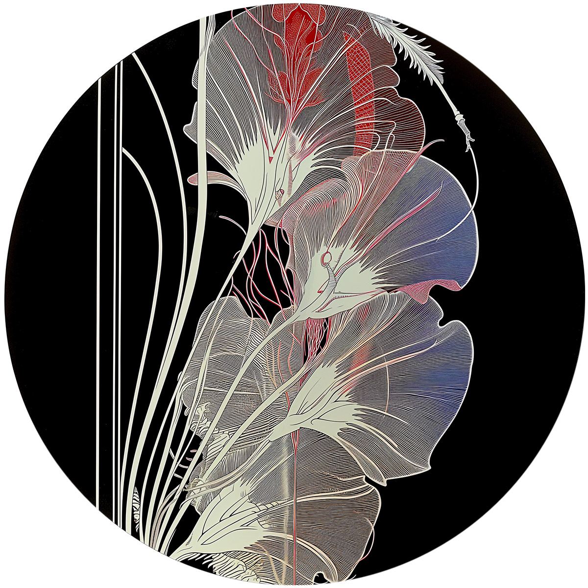 Engraved white bloom on black background, pattern 1, luxury plate motif